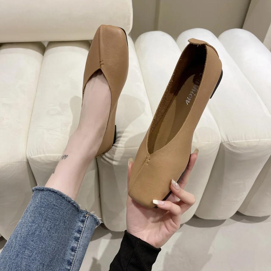 Mode 2025 Frühling Herbst Neue Damen Koreanischer Stil Ins Quadratischer Mund Flach Niedrig Ein Fuß Sprung Flacher Boden Bohnen Bohnen Schuhe