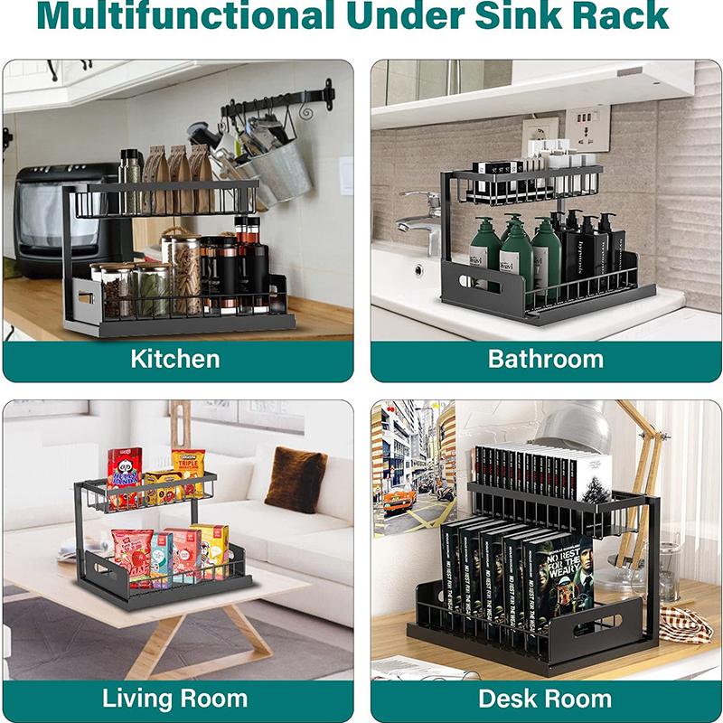 Under Cabinet Organizer 2 Tier Sliding Shelf Organizer for Kitchen Bathroom Space Saver Easy Install