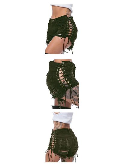 Beggar Ripped Women's Jeans with Eyelet Bandage - European and American Sexy Nightclub Hot Pants