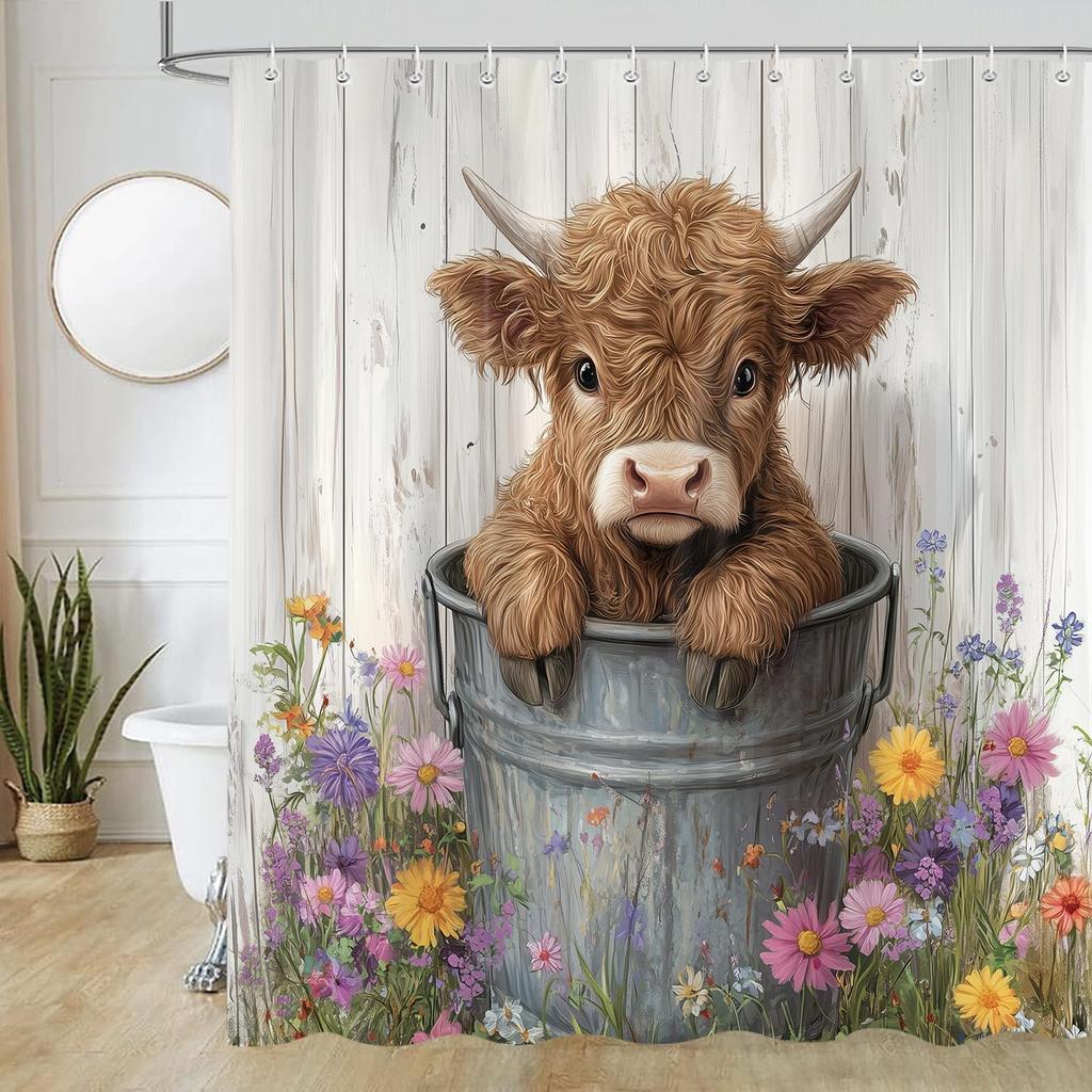 Cute Highland Cow Shower Curtain for Bathroom, Farmhouse Rustic Cow Animal Bathing in Bathtub Shower Curtains Decor Set