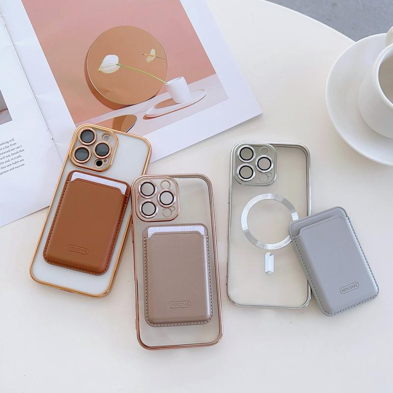 With Leather Card Slot Clear Magnetic Case For iPhone 16E 16 Pro Max 15 14 13 12 11 Lens Film Protection TPU Soft Shockproof for Magsafe Phone Cover