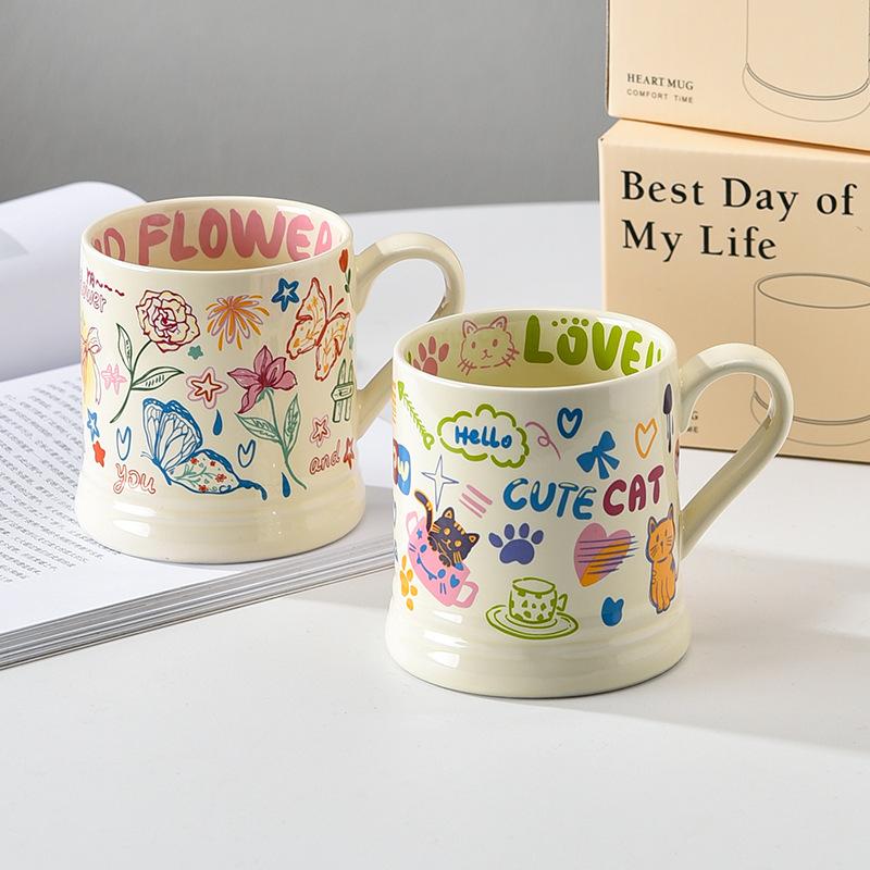 French Cup Illustration Style Mug High Looking Cute Cat Cartoon Pattern Water Cup Butterfly Ceramic Cup