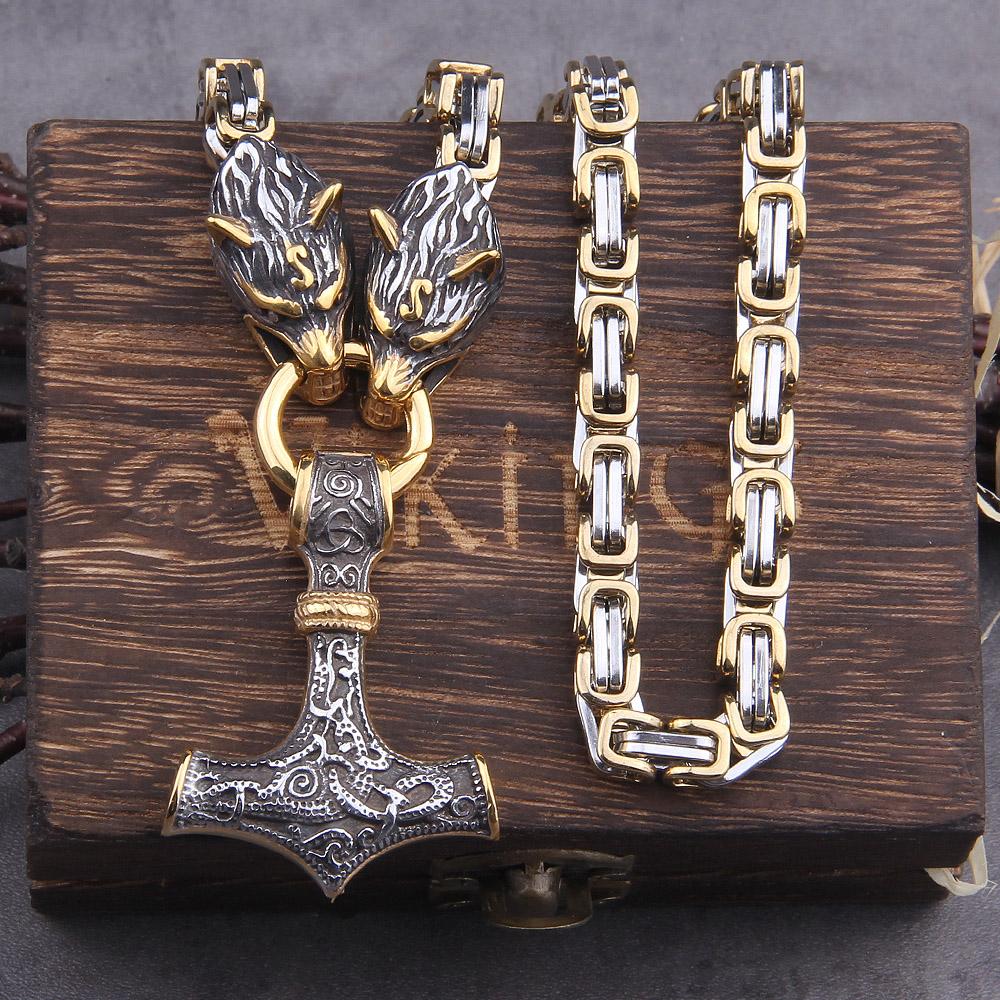 Stainless Steel Wolf Head Thor Hammer Mjolnir Viking Necklace Handmade Chain with Wooden Box Gift for Boyfriend