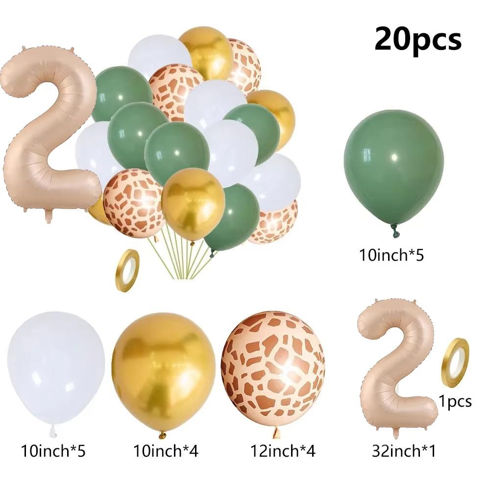 20pcs Jungle Animal Theme Party Sage Green Balloon Caramel Number 0-9 Foil Balloons Happy Birthday Party Baby Shower Decoration