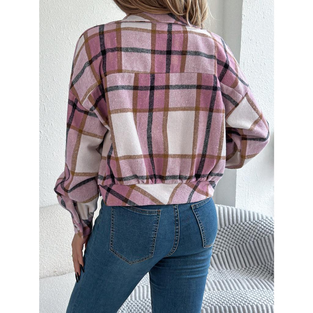 QICED Autumn and Winter Casual Checkered Fake Pocket Long-sleeved Woolen Jacket for Women's Wear