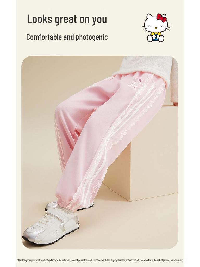 HelloKitty Girls' Autumn Color Block Lace Ribbon Patchwork Sweatpants - 2025 Sporty Casual Style