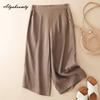 Plus Size Summer Women Casual Loose Capris High Waist Apricot Brown Straight Capris Pants Basic Ladies' Cotton Trousers