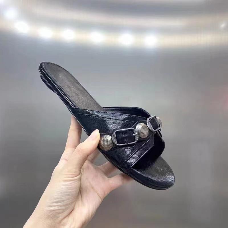 OMG! Look Good! Retro Black Rivet Buckle High Heels Women's Casual Versatile Stiletto One-word Slippers