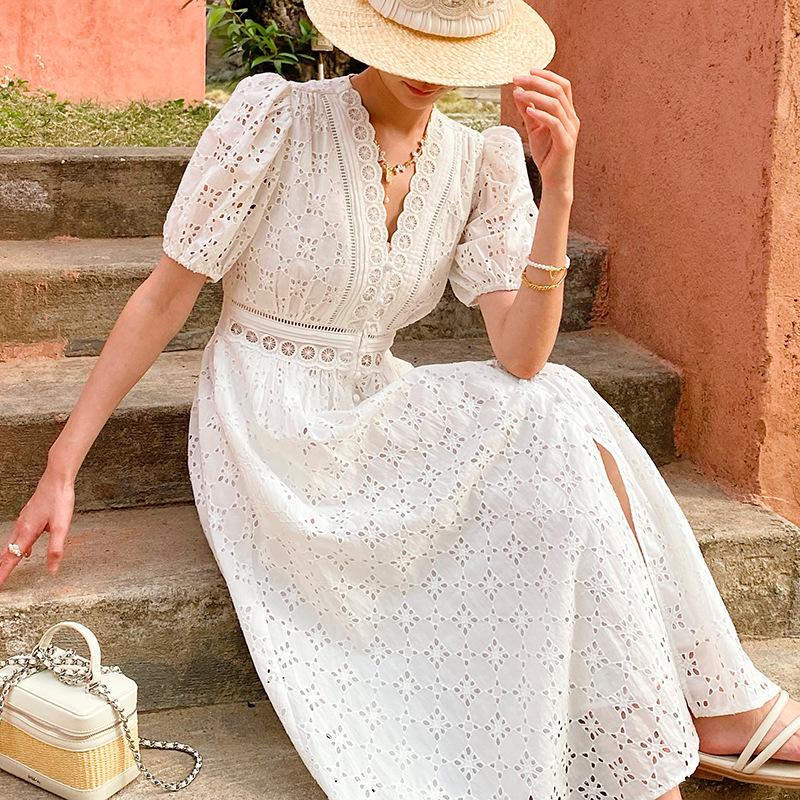 French Summer Embroidered Short Sleeve Dress - Slim Fit Mid-Length European Style for Women Small (S)