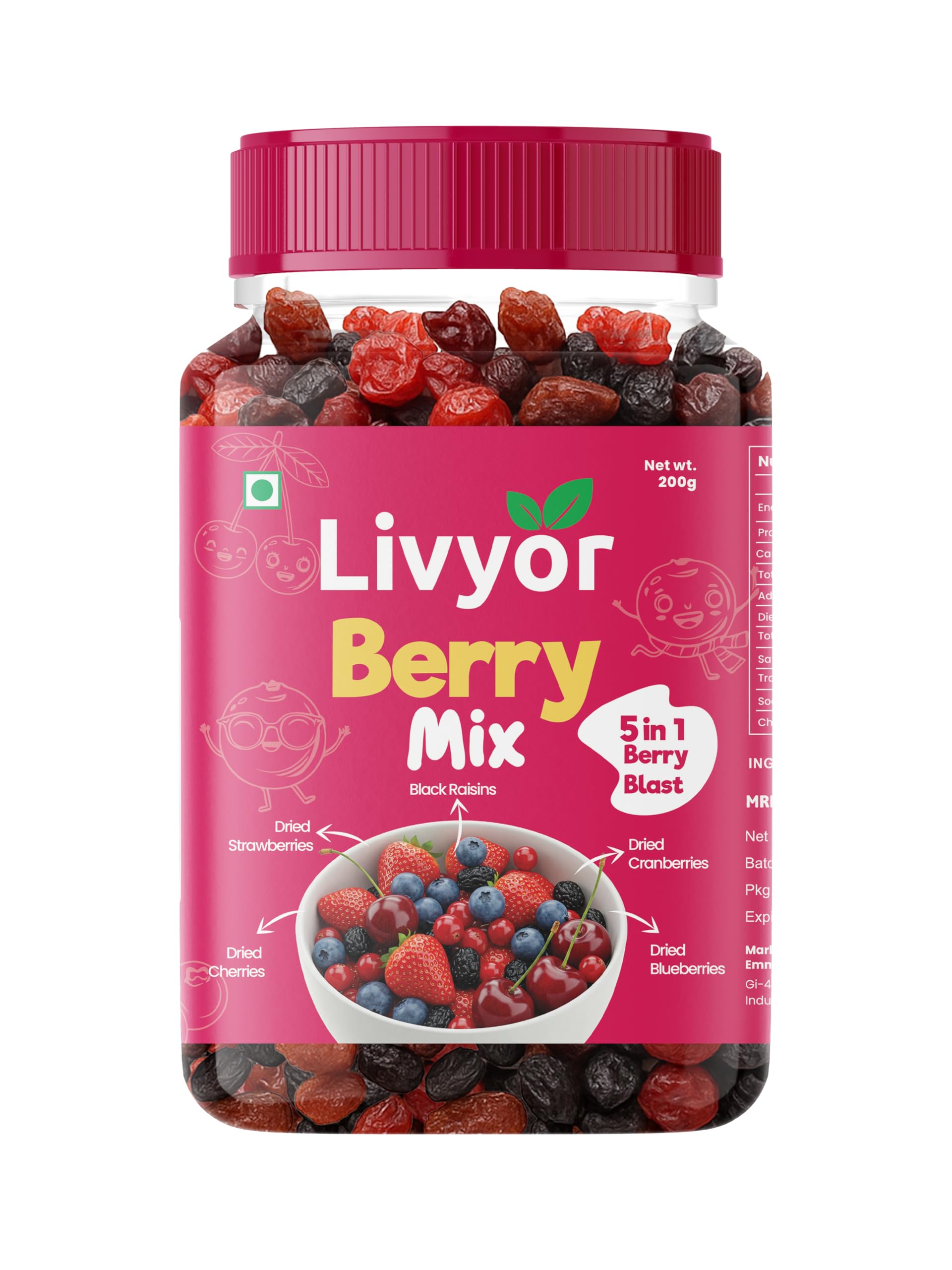 

Livyor 5 in 1 Berry Mix for eating - 200g | Good Source of Fibre | Dried Cranberries | Black Raisins | Cherries | Blueberries | Strawberries | Be