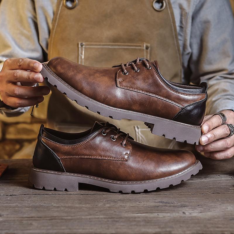 Fashion Mens Round Toe Derby Shoes Low-Cut British Style Vintage PU Leather Boots Lace-Up Business Casual Comfortable Versatile Footwear