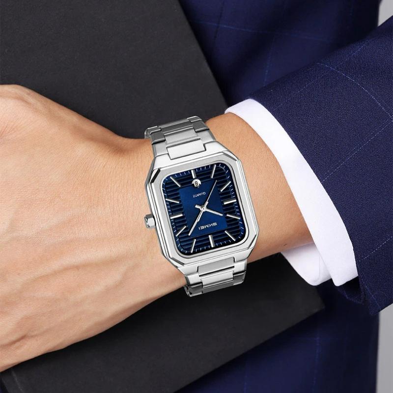 SKMEI Luxury Business Square Quartz Watches Classic Stripe Design Dial with Stainless Steel Band Wristwatch for Men