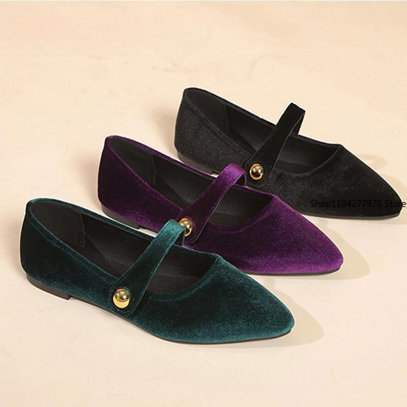 Fashion Elegant Velvet Ballet Flats Woman Luxury Velour Mary Jane Shoes Ladies Pointed Toe Buckle Strap Loafers In Purple Green