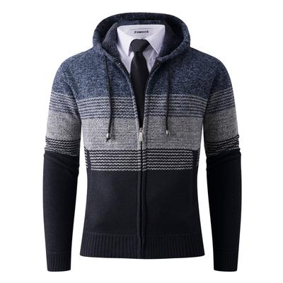Herren Lockere Schlanke Gestrickte Jacke mit Kapuze Blau Mode Trend Gestreifter Pullover Top