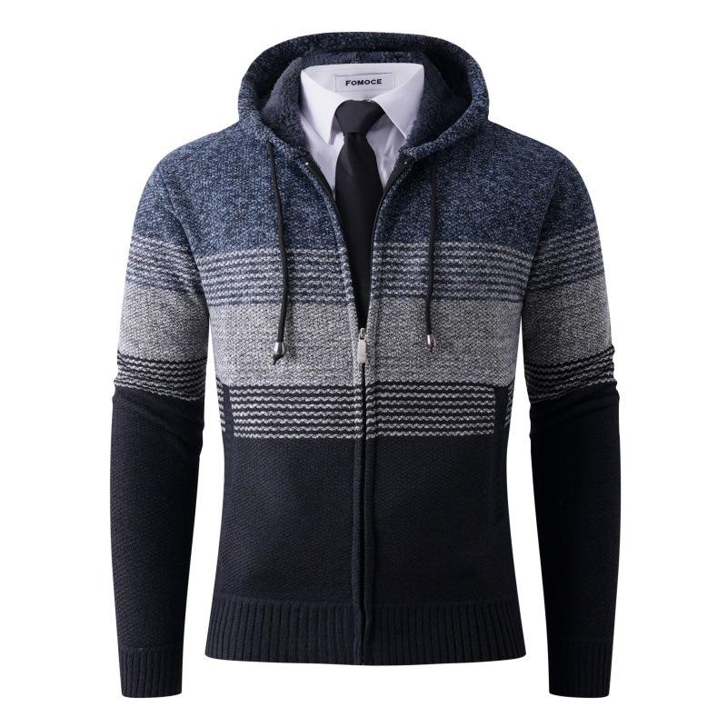 Men S Loose Slim-Fit Striped Sweater Blue Fashion Trend Hooded Knitted Jacket Top M