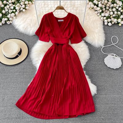 Summer Women's V-neck Short-sleeved Dress Knee-length Slim Temperament Waist Tie Large Swing Pleated Long Dress