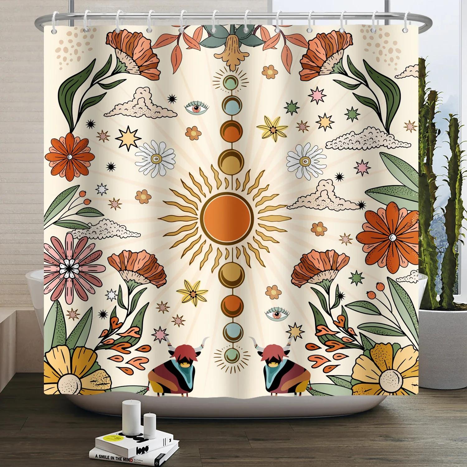 

Винтажная Радужная Шторка для Душа 70-х, Гриб Луна Хиппи Цветок Солнце Луна Бабочка Ботанический Винтаж, Декоративная для Ванной W90xH180cm