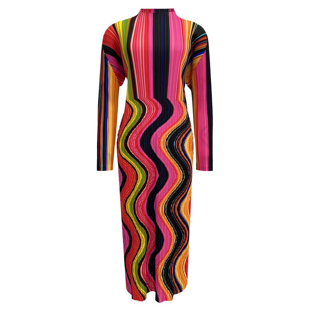 

2026 Spring New Arrival Casual Simple Unique Line Print Half-High Collar Long Dress for Women Pleated Skirt one size красный