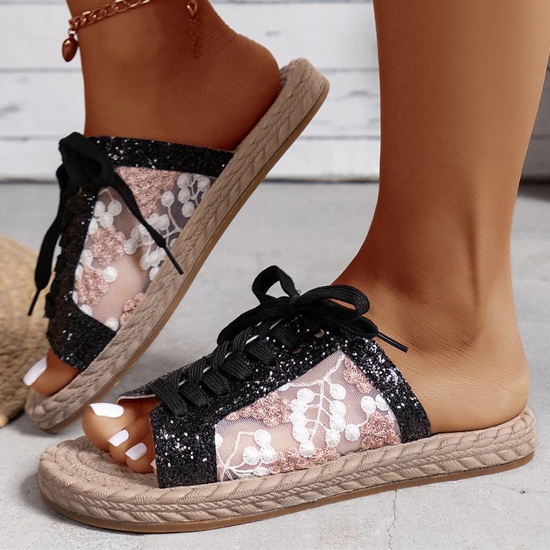 

fashion Women Sandals Bling Summer Sandals Shoes For Women Flat Sandals Fashion Lace Up Slippers Women s Summer Footwear Sandalias Mujer 43 чорний