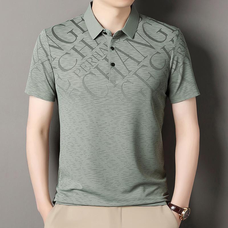 Business Casual Short-Sleeved Men'S Lapel Breathable Polo Shirt Loose Half-Sleeved High-Elastic Printed T-Shirt