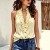 Women Ruffle Trim Halter Neck Top Sleeveless Button Down Casual Solid Color V Neck Blouse
