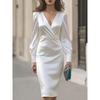 JPNTKY Fashion Summer Spring Solid Color Print Long Sleeve V-Neck  Casual Dresses