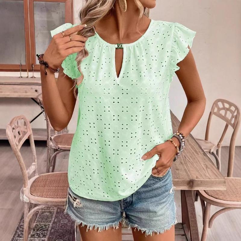 YYFS Damenmode Lässig Frühling Sommer Einfarbig Druck Kurzarm O-Ausschnitt Blusen & Hemden