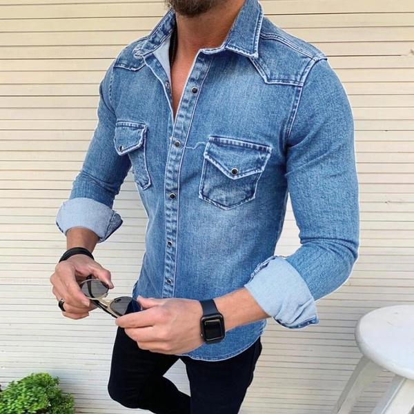 

Мужская джинсовая куртка с длинными рукавами, вымытая джинсовая мужская повседневная тонкая джинсовая рубашка XXL