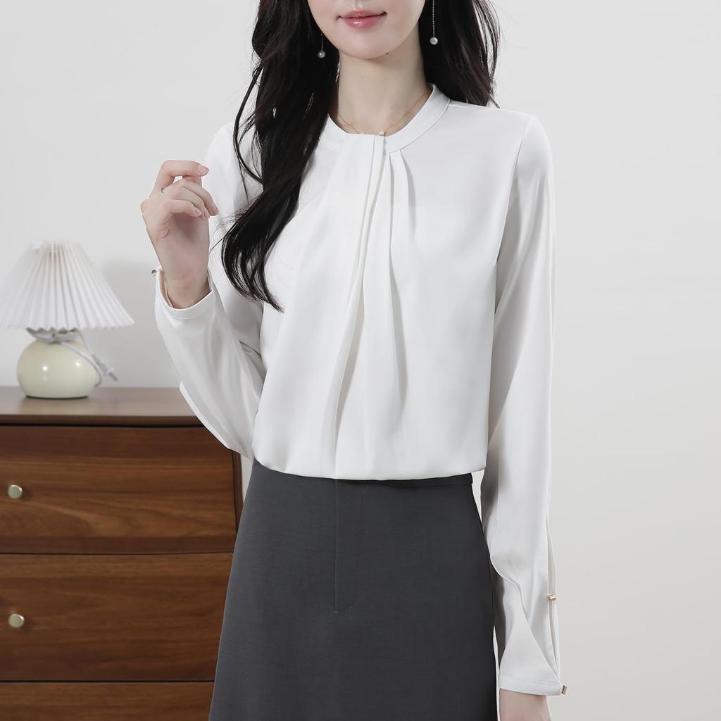 Sueeya Tuck Gathered Puff Sleeve Long Office Entrance Ceremony Women's Blouse, Top, Sleeve, Wear, Elegant, Versatile, Cute, Formal, Office, Commuting,
