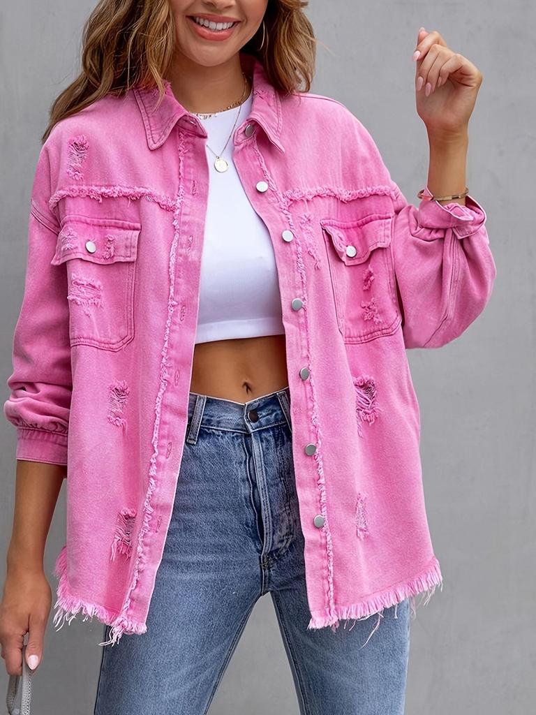 Damen Jeansjacke in Unifarbe, mittellang, mit langen Ärmeln und Rissen - Europäischer und Amerikanischer Stil