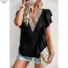DX~~Short Sleeved Shirt Women's Summer Style Commuting V-neck Ruffle Top