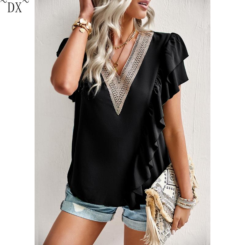 DX~~Short Sleeved Shirt Women's Summer Style Commuting V-neck Ruffle Top