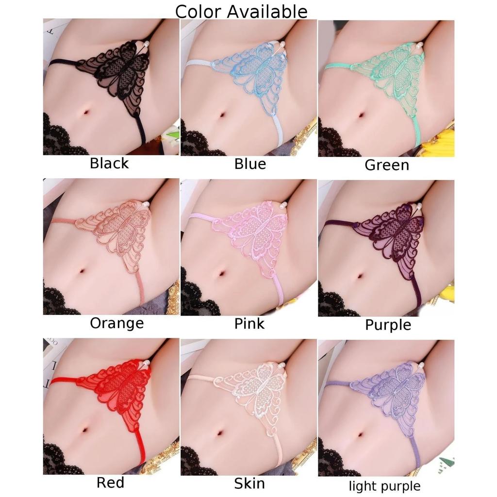 G-string Women Lace Embroidered Thong Panties Butterfly Sexy Pearl Beaded Open Crotch Underwear Low Waist Large Size Knickers
