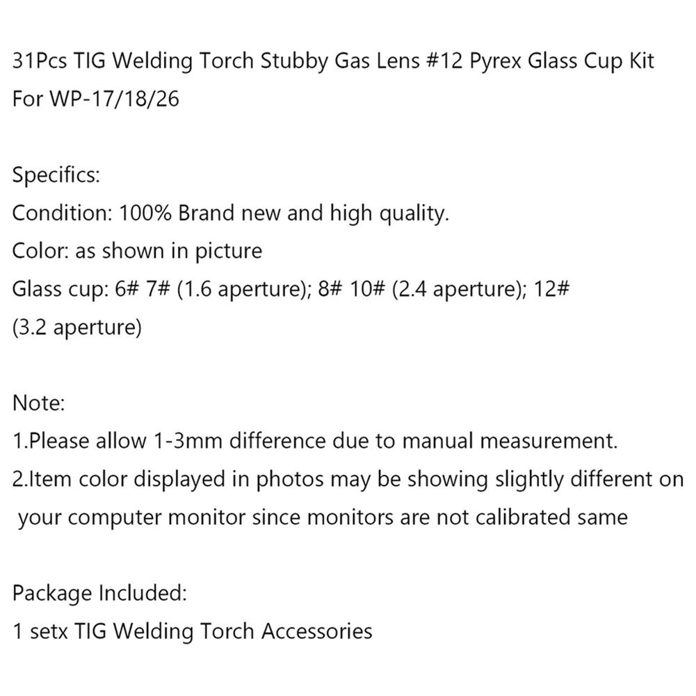 Zestaw 31 sztuk TIG Uchwyt spawalniczy Krótki soczewka gazowa #12 WP-18 WP-26 Trwały