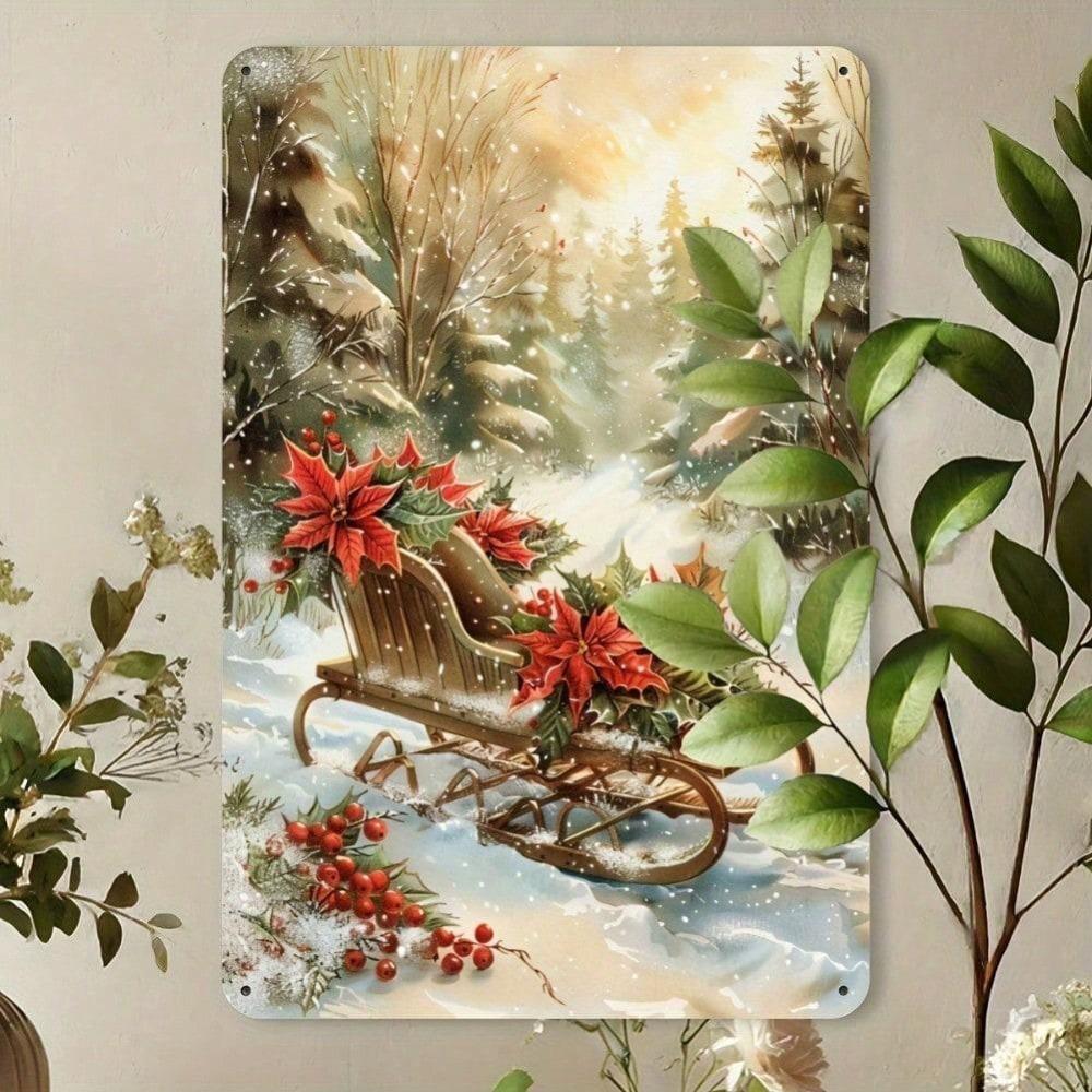 

Vintage Christmas Metal Tin Sign 12x8 Inch, Aluminum 2D Flat Sleigh with Poinsettia Holiday Wall Art Decor for Home Bar Garage 20x30 різнокольоровий