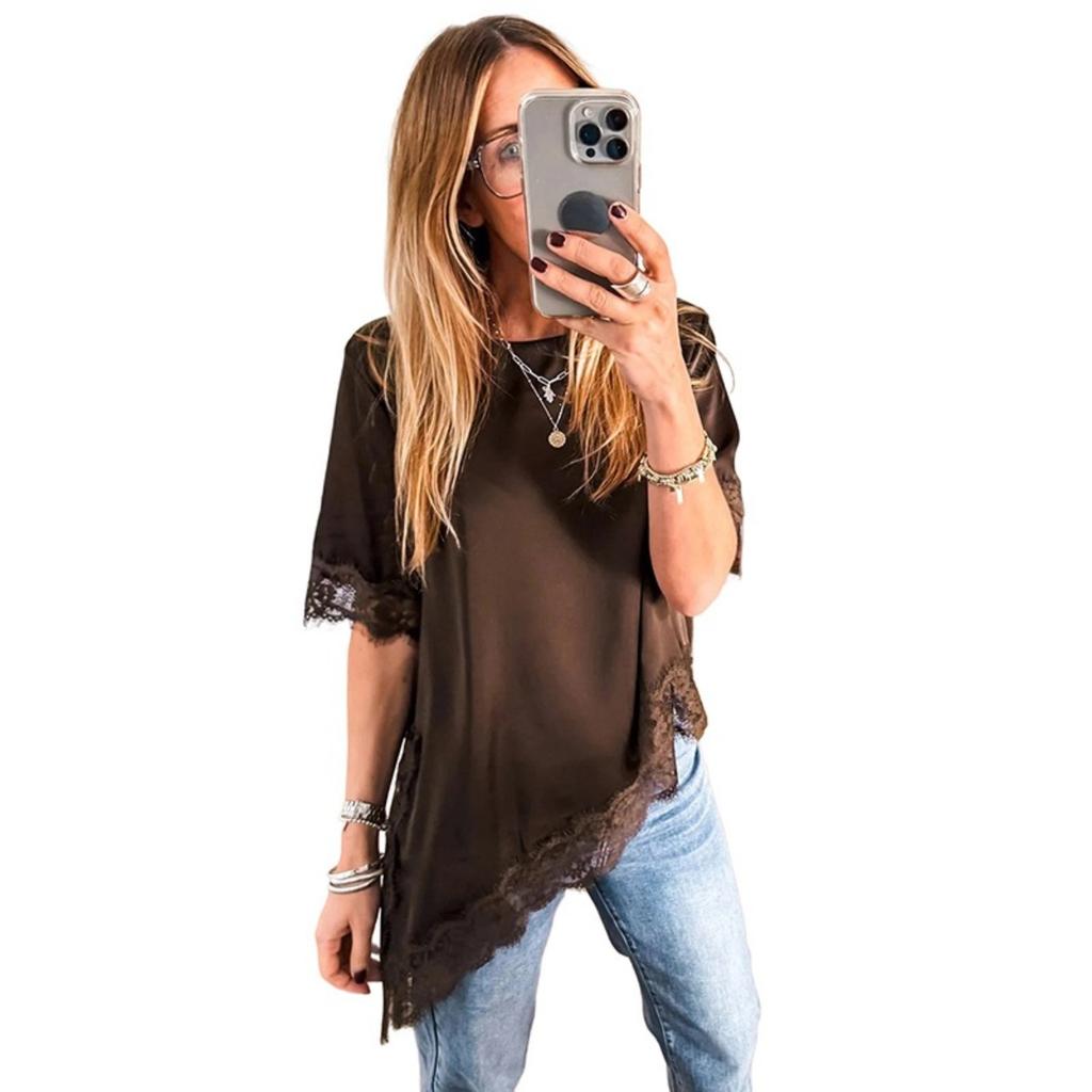 Women's Round Neck Short Sleeve Tee Loose Fit Casual Solid Lace Asymmetric Hem Blouse