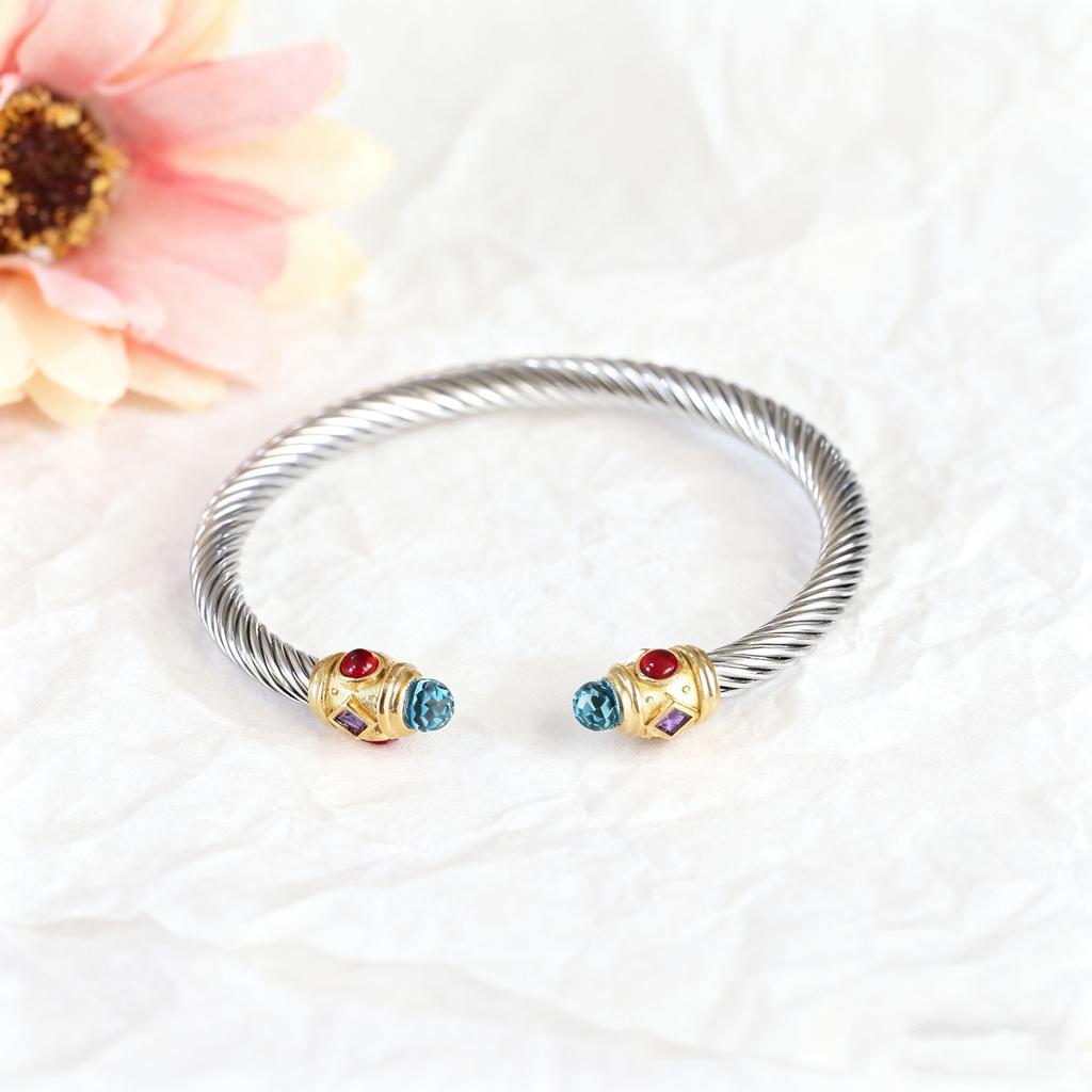 2026 Fashion European and American Steel Wire Bracelet Women's Geometric Niche Inlaid with Colored Diamonds Opening Does Not Fade 18k Gold Bracelet