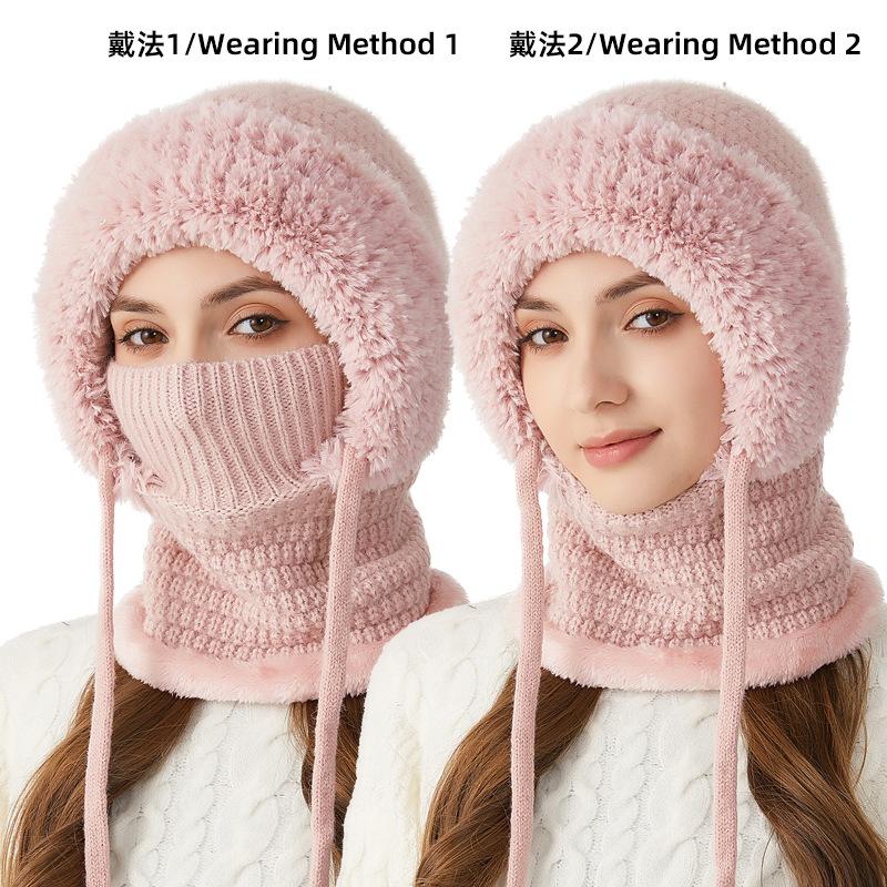 Women Fleece Lined Knit Hat Set Winter Warm Knitted Hat 3 in 1 Hooded One Piece Snow Cap W/Scarf & Mask for Cold Weather Protect