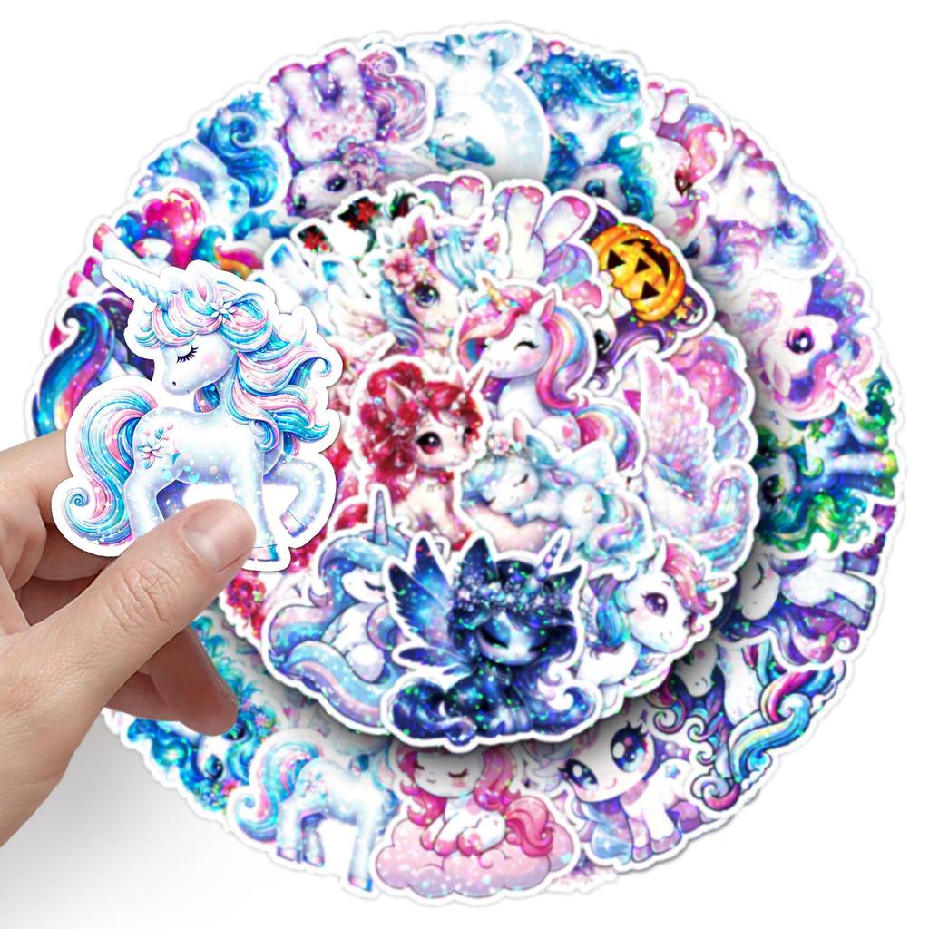 50 Laser Unicorn Rainbow Horse Stickers - Holographic Dazzling Color Stationery, Cute DIY Decoration for Journal and Computer