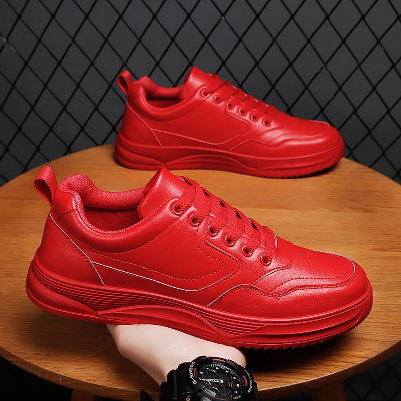 MCTIN Couples Vulcanized Shoes Women's Leather Platform Sneakers Black Casual Shoes for Man