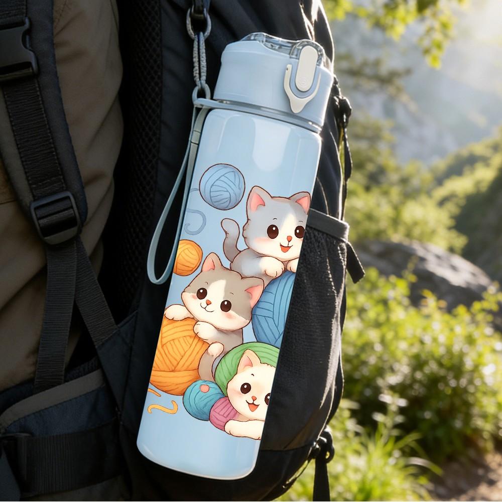 1PC Multi Breed Cat Toy Pattern 750ml Color Plastic Sports Water Bottle Leakproof Flip Straw Lid Suitable for Sports Office Home Use