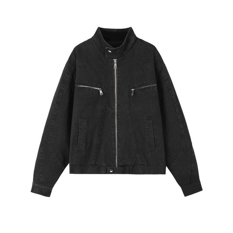 Womens Vintage Zip Denim Jacket Casual Pilot Baseball Coat Loose Fit Streetwear