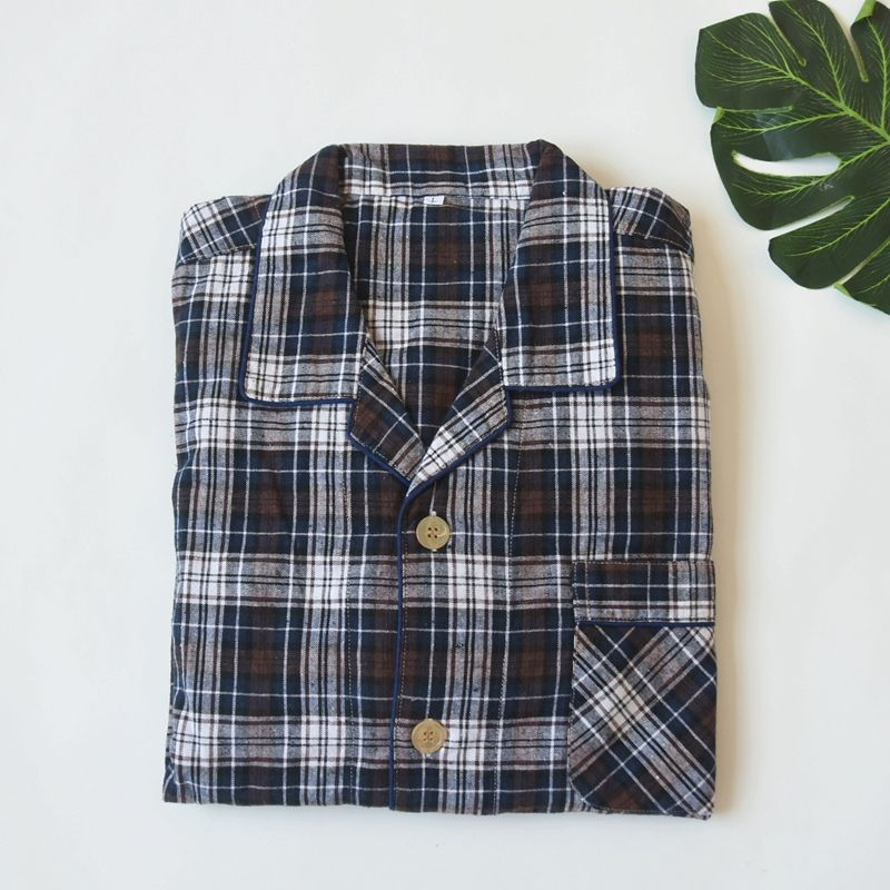Foreign Trade Original Garment Men's Woven Cotton Plaid Long Sleeve Trousers Pajamas Set Spring and Autumn Casual and Comfortable Breathable Homewear