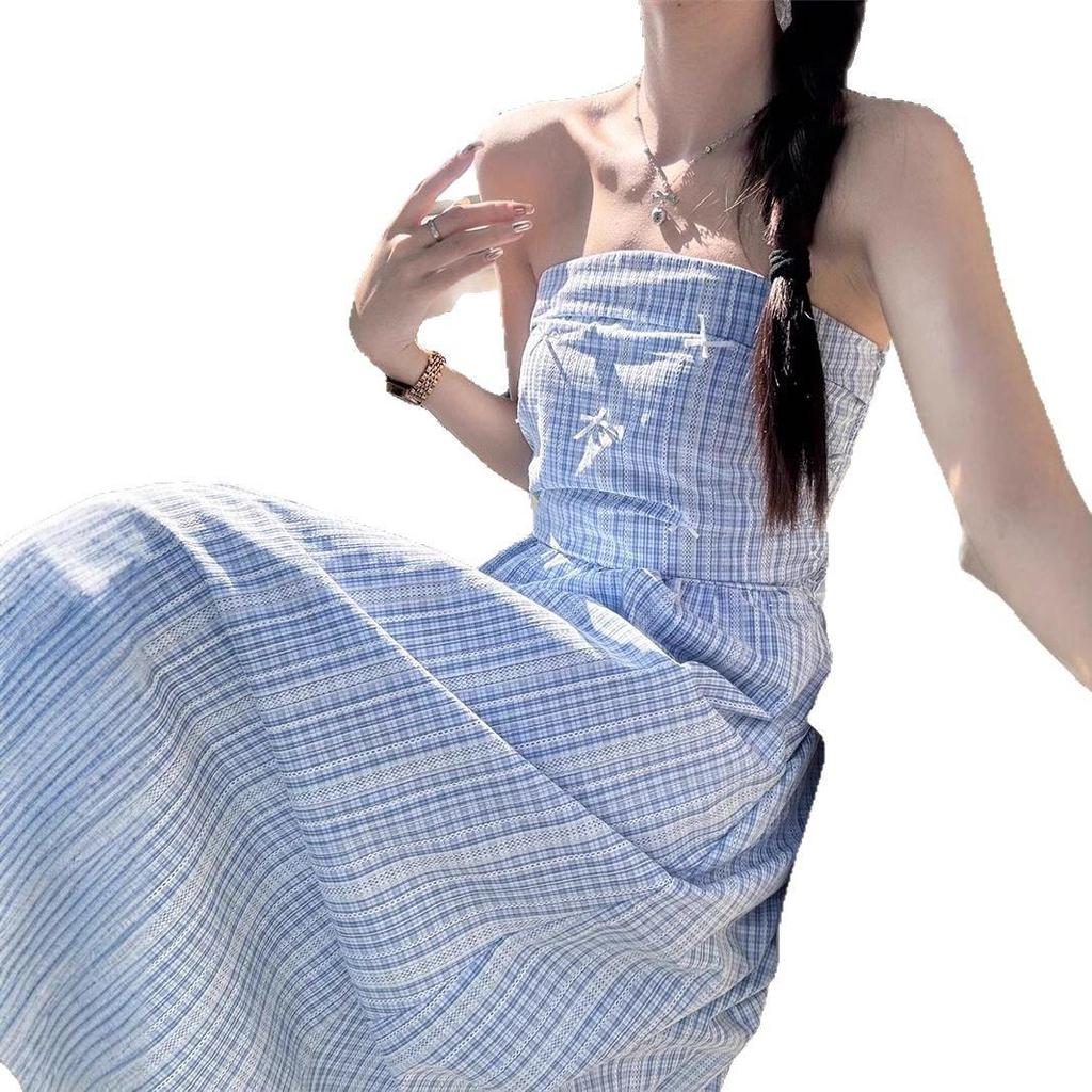 Damen Blau Kariert Ärmellos Spaghettiträger Maxi Kleid