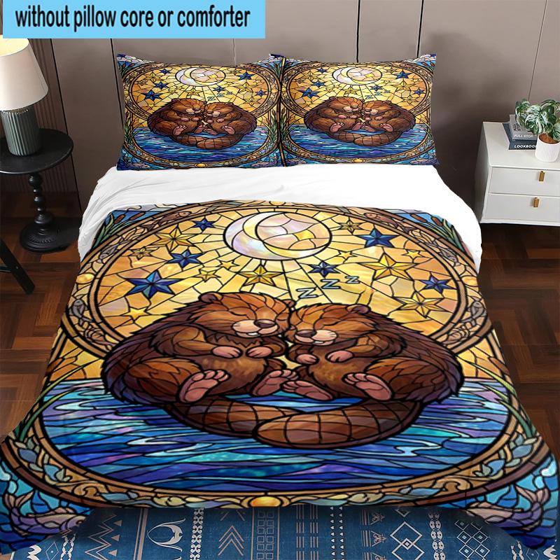 Starry Groundhog Illustration 3pcs Bedding,Including 1pc Duvet Cover And 2pcs Pillowcases Perfect for Christmas,Ideal for Bedroom, Dormitory