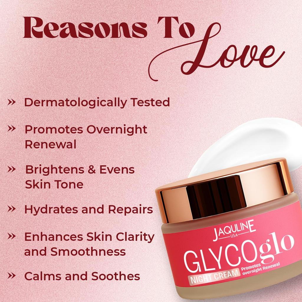 JAQULINE USA Glyco Glo Night Cream | Brightening & Repairing Night Face Cream with Glycolic Acid | Hydrates & Restores Skin | Reduces Fine Lines &