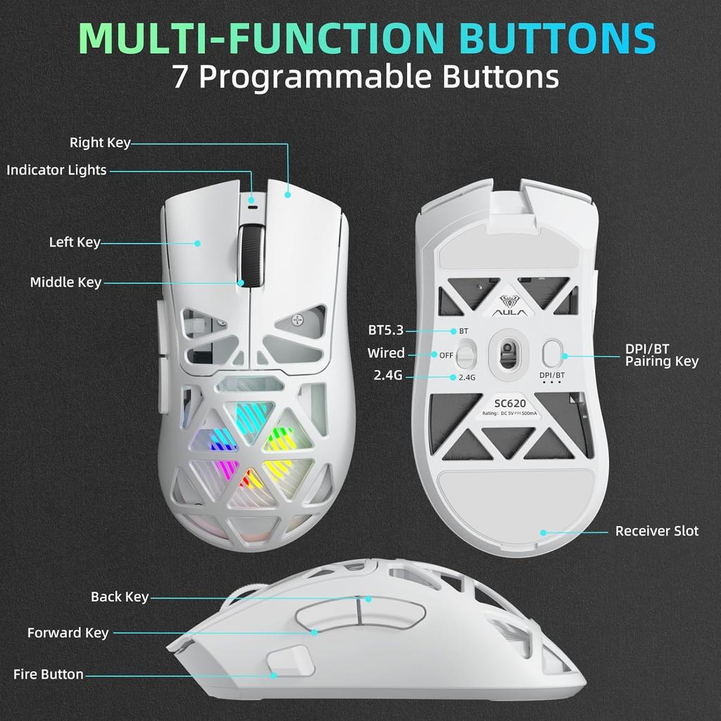 Aula SC620 Gaming Mouse Wired/Bluetooth/2.4G Light Weight Mouse Gamer PAW3311 Adjustable 12,000 DPI Life PC Gaming Accessories