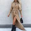 Women's Cotton Button Down Maxi Long Sleeve Lapel Collared Long Dress Lace Up Waist Ladies Robes