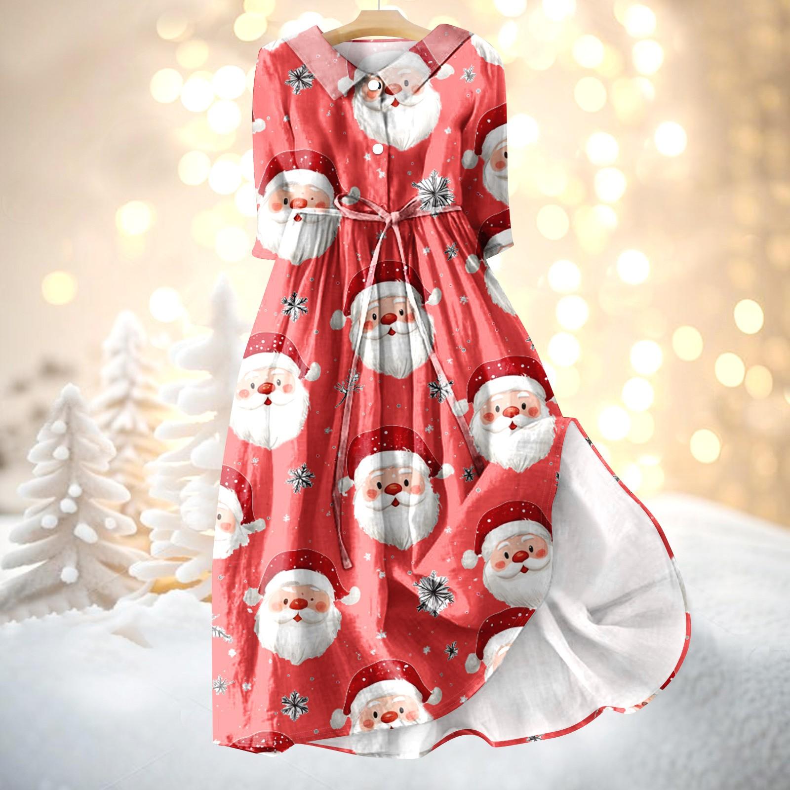 

Женское модное платье с рождественским принтом, застегивающееся на пуговицы, с манжетами длиной семь четвертей и бретельками XL