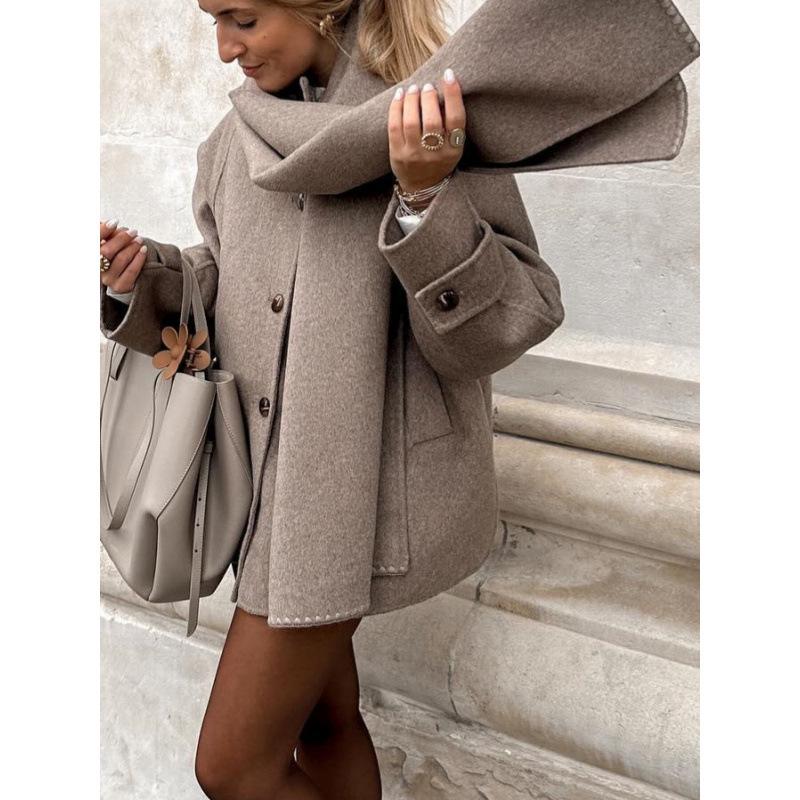 Solid Color Wool Scarf-Style Short Overcoat - European & American Warm Jacket